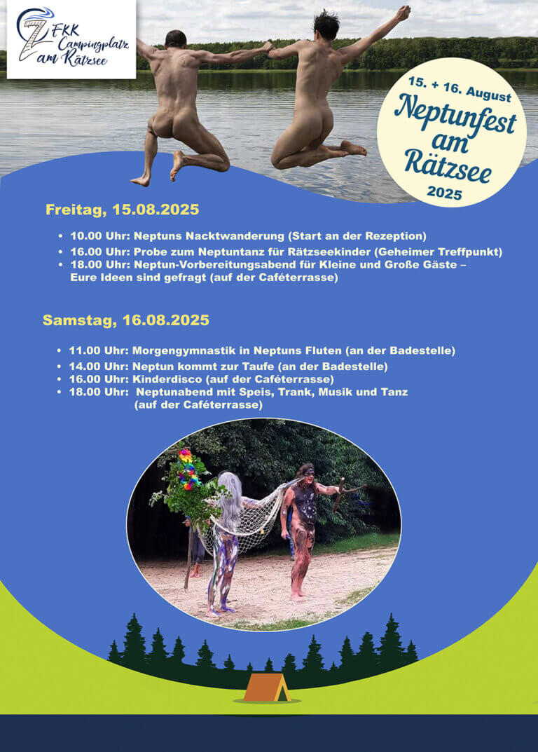 Plakat zum Neptunfest 2025 - Familienspaß auf dem FKK Campingplatz am Raetzsee