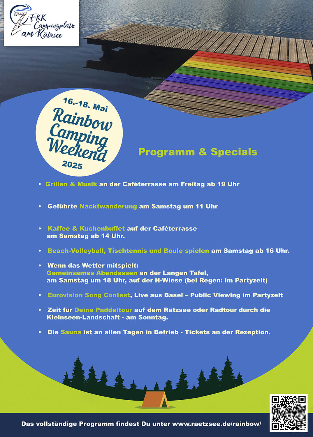 Plakat zum Queeren Rainbow-Camping Wochenende 2025 auf dem FKK Campingplatz am Rätzsee