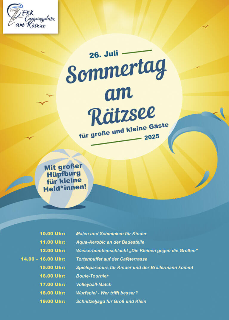 Plakat für den Sommertag 2025 auf dem FKK Campingplatz am Rätzsee